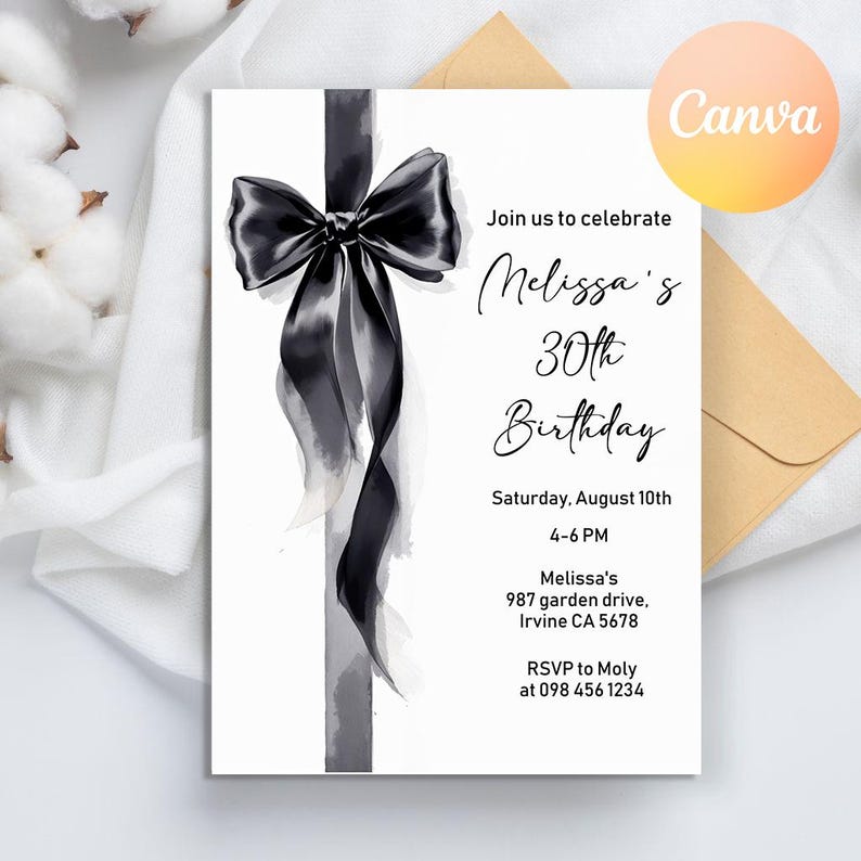 Black Bow Birthday Invitation, Minimalist Black Bow Birthday Invitation, Elegant 30th Birthday Invite, Black Ribbon Coquette 30th birthday, Coquette Invite