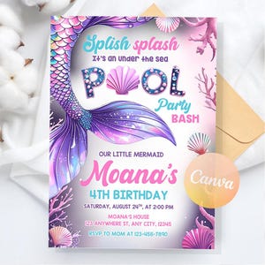 Mermaid Birthday Invitation, Mermaid Bash, Under the Sea Birthday Invitation, Girl Mermaid Party Printable Invite, Editable Canva Template