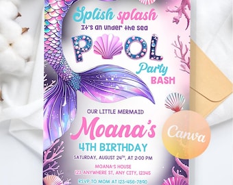 Verjaardag zeemeermin verjaardagsuitnodiging, zeemeermin bash, Under the Sea verjaardagsuitnodiging, meisje zeemeermin feest afdrukbare uitnodiging, bewerkbare canva-sjabloon