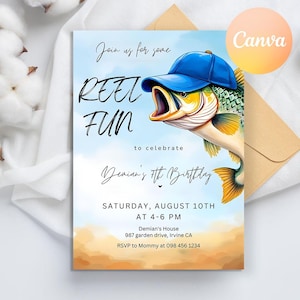 Invito di compleanno modificabile per la pesca, invito di compleanno per pesci, Reel in the Fun, invito di compleanno per ragazzi, festa di compleanno Reel Fun Bass