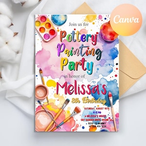 May include: A colorful invitation for a pottery painting party for an 8th birthday. The invitation features paintbrushes, paint palettes, and watercolor splatters. The text reads "Join us for Pottery Painting Party in honor of Melissa's 8th Birthday. Saturday, August 10th, 4-6 PM. Melissa's House, 987 Garden Drive Irvine CA. RSVP to Mommy at 098 456 1234."