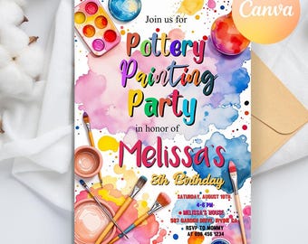 May include: A colorful invitation for a pottery painting party for an 8th birthday. The invitation features paintbrushes, paint palettes, and watercolor splatters. The text reads "Join us for Pottery Painting Party in honor of Melissa's 8th Birthday. Saturday, August 10th, 4-6 PM. Melissa's House, 987 Garden Drive Irvine CA. RSVP to Mommy at 098 456 1234."