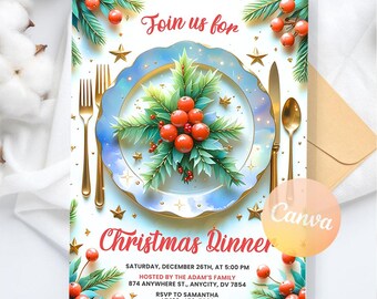 Weihnachtsessen Einladung, Weihnachtsfeier einladen, Weihnachten einladen, Urlaub Party einladen, digitaler Download, bearbeitbare Canva Vorlage
