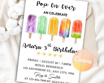 Bearbeitbare Popsicle-Geburtstagseinladung, Pop-On-Over-Einladung, Sommer-Geburtstagsfeier einladen, Eiscreme-Party einladen, bearbeitbare Canva-Vorlage