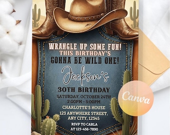 May include: A western-themed birthday invitation featuring a cowboy hat, boots, and cacti. The invitation reads "Wrangle up some fun! This birthday's gonna be wild one!" with the name "Jackson's" and event details.
