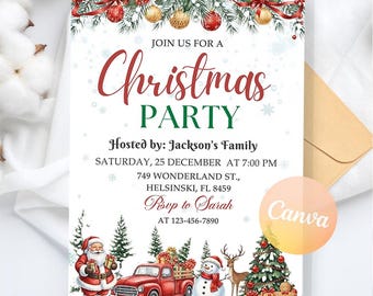 May include: Christmas party invitation with festive illustrations. The invitation features a red truck carrying gifts, Santa Claus, a snowman, and a reindeer. The text reads "Christmas Party" and includes event details.