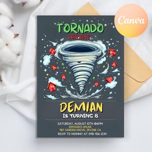Tornado Birthday Party Invitation, Tornado Invitations, Tornado Birthday, Tornado Party, boy invitation, editable canva