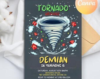 Tornado Birthday Party Invitation, Tornado Invitations, Tornado Birthday, Tornado Party, boy invitation, editable canva