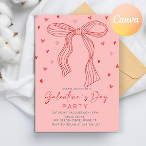 Galentines Schleifen-Einladung, Valentinstag, Einladung zur Party, Handgezeichnete Galentines-Tagesfeier laden ein, Rosa Galentines-Mädchennacht, Galentines-Brunch