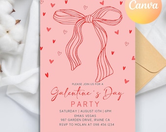 Galentines Bow Invitation, Valentine's Invitation, Hand Drawn Galentines Day Party Invite, Pink Galentines Girls Night, Galentines Brunch