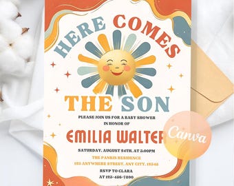 Sunshine Baby Shower Invitation, Boy Sonshine Baby Shower Invite, Here Comes The Son Baby Shower Invite, Baby Shower,Editable Canva Template