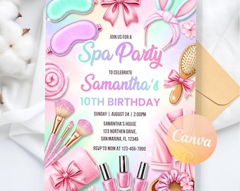 Spa Party Birthday Invitation, Pamper Party Invite, Digital Download, Editable Canva Template
