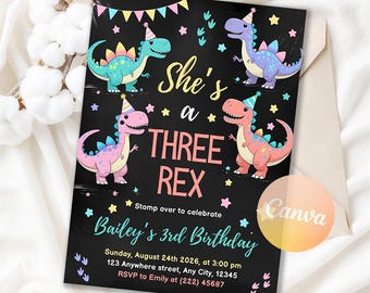 Invitación de cumpleaños editable de dinosaurio pastel, invitación para fiesta de niña de tres dinosaurios Rex, plantilla imprimible de dinosaurio rosa, plantilla editable de Canva