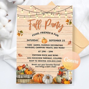Puede incluir: Invitación a una fiesta de otoño con fondo de madera, luces de cadena y hojas. La invitación incluye detalles para juegos de jardín, decoración de calabazas y golosinas para fogatas. Varias calabazas y calabacines en la parte inferior.