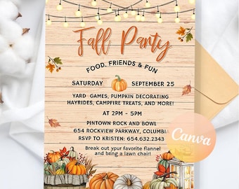 Fall party invitation, Fall harvest party invitation, Fall Autumn festival invite, Bonfire invite Digital Download, Editable Canva Template