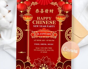 Chinese New Year Invitation, 2026 Year of the Horse Lunar New Year Invite, Digital Download, Editable Canva Template