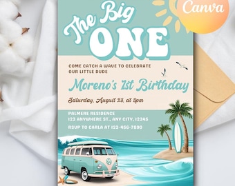 May include: A teal and white birthday invitation with the text "The Big ONE" and "Moreno's 1st Birthday". The design includes a vintage van, palm trees, a surfboard, and ocean waves. The invitation also includes the date, time, and location.