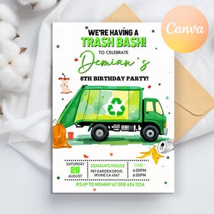 May include: Green and yellow trash truck with a recycle symbol on the side.  The truck is on a white background with green and red polka dots.  The text reads "We're having a Trash Bash! To celebrate Demian's 8th Birthday Party! Saturday, August 20, Demian's House, 987 Garden Drive, Irvine CA 4567, Time: 4:00PM - 6:00PM, RSVP to Mommy at 098 456 1234".