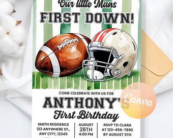 Football Birthday Invitation, First Year Down, Football Invitation, Game On, Boy Birthday Invite, Digital Download, Editable Canva Template