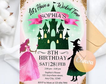 Wicked verjaardagsuitnodiging, Wicked Party-uitnodiging, Elphaba & Glinda-thema, Wicked-uitnodiging, digitale download, bewerkbare canva-sjabloon
