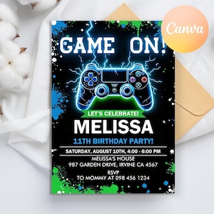 Editable Video Game Birthday Invitation, Neon Game On Level Up Gaming Birthday Party Invitation, Glow Game Party Printable Canva Template