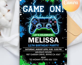 Editable Video Game Birthday Invitation, Neon Game On Level Up Gaming Birthday Party Invitation, Glow Game Party Printable Canva Template