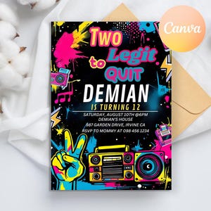 May include: A birthday party invitation with a black background and colorful graffiti-style graphics. The text reads "Two to Legit Quit Demian is turning 12". The invitation includes details about the party, including the date, time, location, and RSVP information.