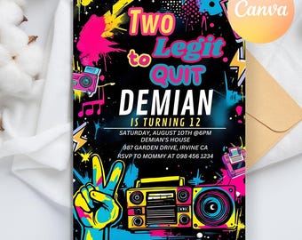 May include: A birthday party invitation with a black background and colourful graffiti-style graphics. The text reads "Two to Legit Quit Demian is turning 12". The invitation includes details about the party, including the date, time, location, and RSVP information.