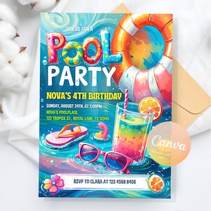 Pool party birthday invitation, Summer Pool Party Invitation, Swimming Birthday, Summer party Invitation Digital, Editable Canva Template