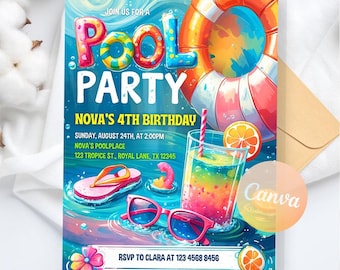 Pool party birthday invitation, Summer Pool Party Invitation, Swimming Birthday, Summer party Invitation Digital, Editable Canva Template