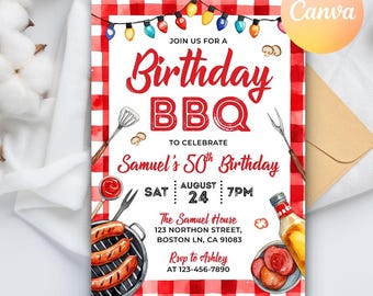 BBQ Birthday Invitation, Barbeque Birthday Invitation, BBQ Invitation, Barbecue Grill Invitation, Backyard Party Invite, Editable Canva