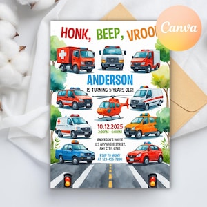 Transport Geburtstagseinladung, Hupen, Piepton, Choo Choo, Zug, Autos LKW Geburtstagseinladung, druckbare einladen bearbeitbare Canva Vorlage