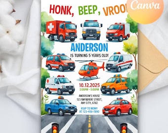 Transportation Birthday Invitation, Honk, Beep, Choo Choo, Train, Cars Truck Birthday Invitation, Printable Invite Editable Canva Template