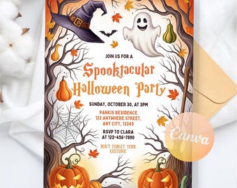 May include: A Halloween party invitation with a spooky theme. The design features a witch's hat, ghost, pumpkins, and fall leaves. The text reads "Spooktacular Halloween Party" with event details and RSVP information.
