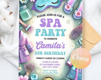 Girls Spa Birthday Invitation, Spa Party Birthday Invitation, Pamper Party Invite, Glam Birthday Digital Invite, Editable Canva Template