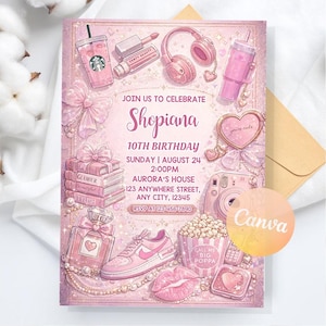 ピンクの美しい誕生日招待状、ティーン向けピンクガールパーティー招待状、年齢不問、2桁の数字、すぐにダウンロードできる編集可能なCanvaテンプレート