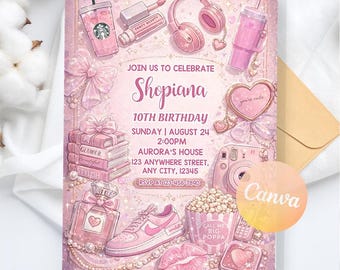 Pink Aesthetic Birthday Invitation, Teen Pink Girl Party Invite, Any Age, Double Digits, Instant Download, Editable Canva Template