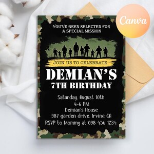 Army Birthday Invitation, Military Party Invitations, Soldier Birthday Party, Camo, Kids Invitation, Any Aage, editable canva