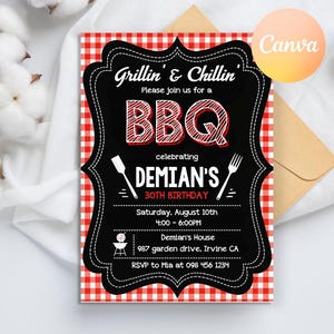 May include: A black and white chalkboard style invitation with red and white gingham background. The invitation is for a BBQ celebrating Demian's 30th birthday. The invitation includes the date, time, location, and RSVP information.