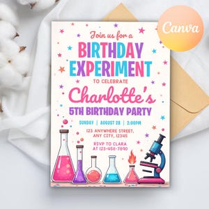 May include: A pink and blue birthday party invitation with a science theme. The invitation features a microscope, beakers, and the text "Join us for a Birthday Experiment to celebrate Charlotte's 5th Birthday Party".