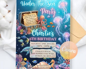Unter dem Meer Neon Geburtstagseinladung, Ozean Thema Geburtstag einladen, alle Meerestiere nennen, digitaler Download, bearbeitbare Canva Vorlage