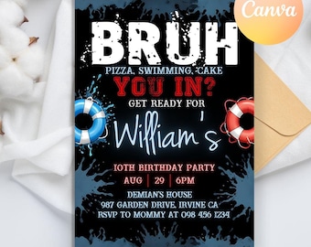 Bruh Birthday Invitation, Bruh Neon Invitation, Teenager Boys Party, Bruh It's My Birthday, Bruh Invite, Boy Pool Party