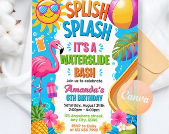 Waterglijbaan verjaardagsuitnodiging, jongen meisje splash feestuitnodiging, digitale download, bewerkbare canva-sjabloon