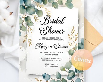 Eucalyptus Bridal Shower Invitation, Greenery Bridal Shower Invitation, Boho bridal shower invite, Digital Download, Editable Canva Template