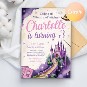 Faire-part d&#39;anniversaire modifiable Wizards sorcières, invitation d&#39;anniversaire magique, invitation de fête d&#39;anniversaire château de la sorcellerie magique, modèle de toile imprimable