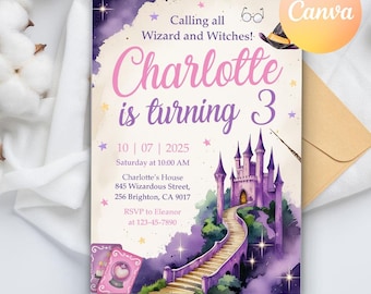Convite de aniversário de bruxas e bruxos editáveis, convite de aniversário mágico, convite para festa de aniversário de castelo de magia mágica, modelo Canva para impressão