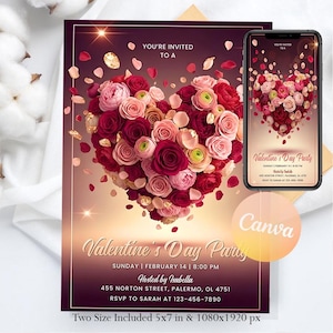 Peut inclure: Invitation de fête de la Saint-Valentin avec un arrangement floral en forme de cœur dans des tons de rouge et de rose. L'invitation comprend les détails de l'événement et un numéro de téléphone. Disponible en deux tailles: 12,7 x 17,8 cm et 1080x1920 px.