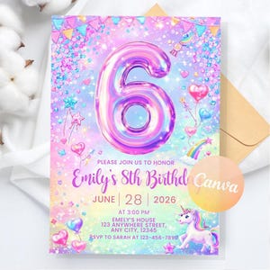 以下が含まれることがあります： 大きな数字の6の風船が付いた、カラフルな誕生日招待状。招待状には、ユニコーン、虹、ハート型の風船が描かれています。テキストには「エミリー」の名前、日付、時間、パーティーの場所が含まれています。