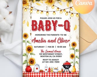 Baby-Q babyshoweruitnodiging, Baby Q achtertuin paren babystrooisel, sjabloon baby BBQ-feestje, afdrukbare BBQ-uitnodiging direct downloaden