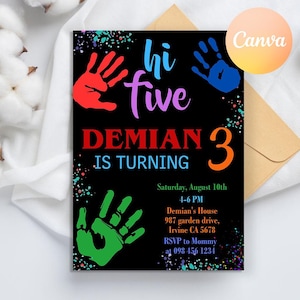 Hi-Five födelsedagsinbjudan, High Five födelsedagsinbjudan, Flickors 5-årsdag med målning, modern festinbjudan, High Five födelsedag, färgglad